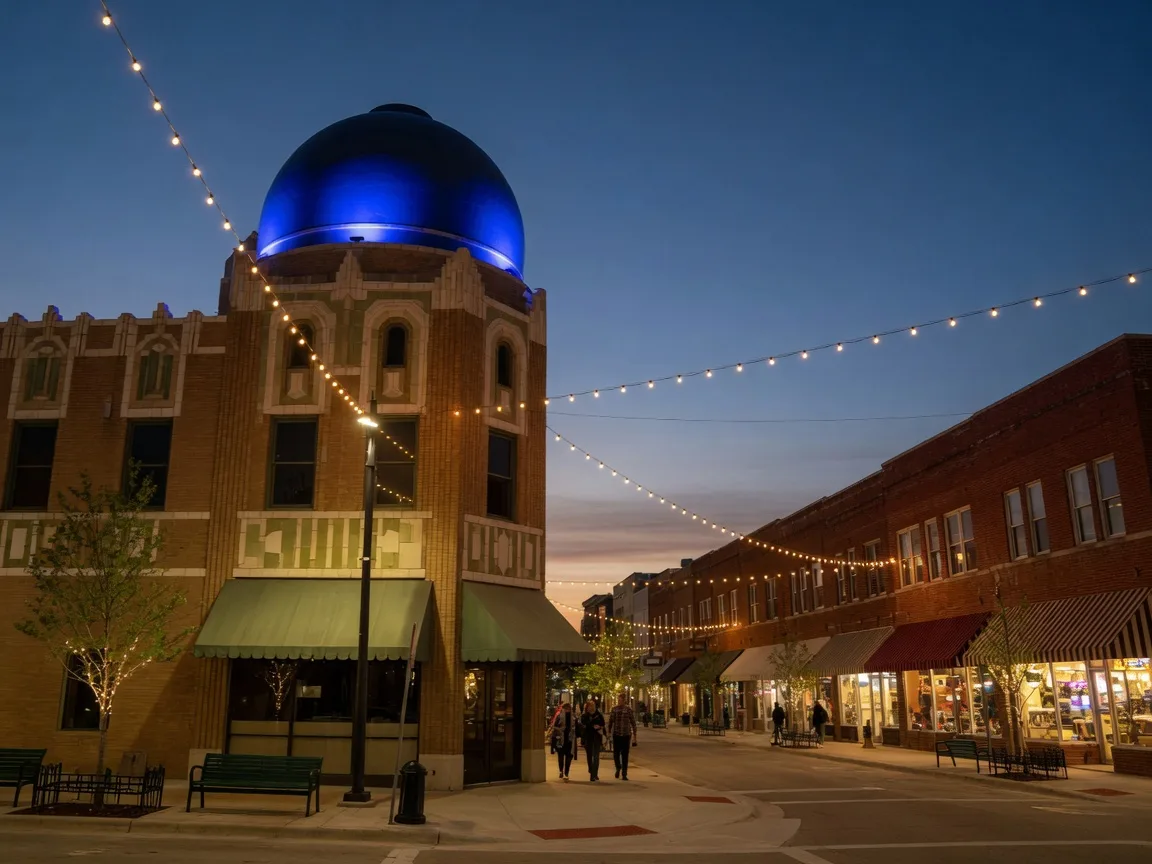 The Blue Dome District in downtown Tulsa at blue hour, with the glowing cobalt dome of the historic 1920s corner building and warmly lit brick storefronts