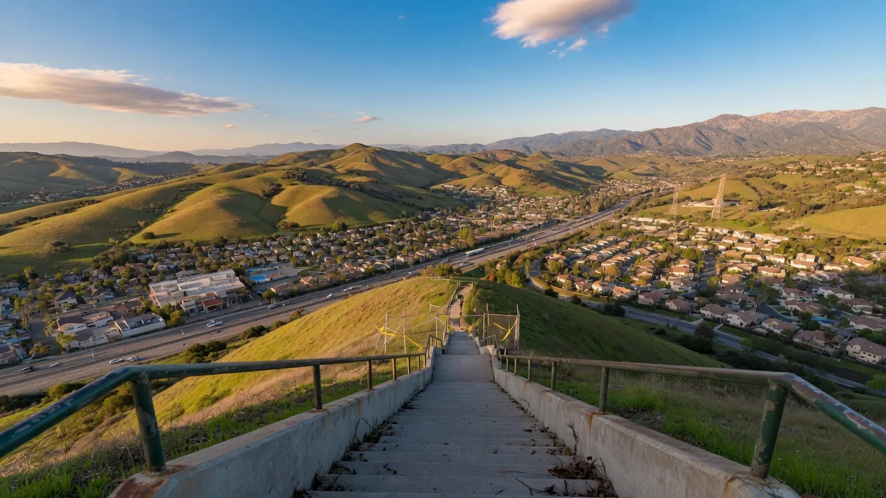 Panoramic view of the Santa Clarita Valley from the top of the SCV Stairs, showing rolling hills and suburban neighborhoods under golden afternoon light.