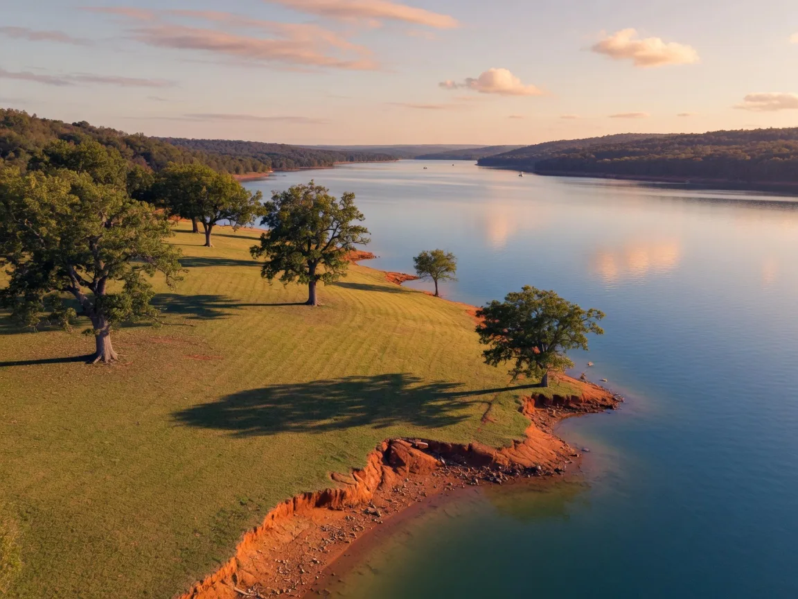 Aerial view of a wide lawn sloping toward Lake Hartwell with pecan tree shadows and red clay shoreline