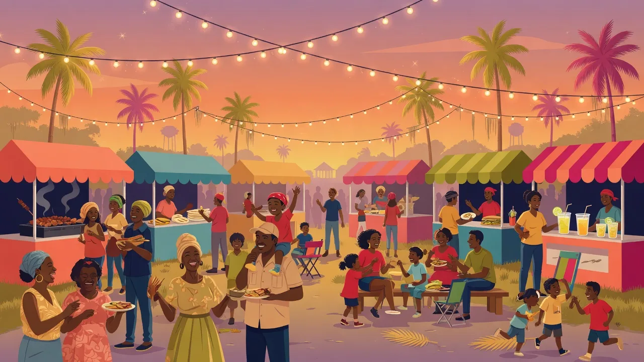 Illustration of a community festival at golden hour