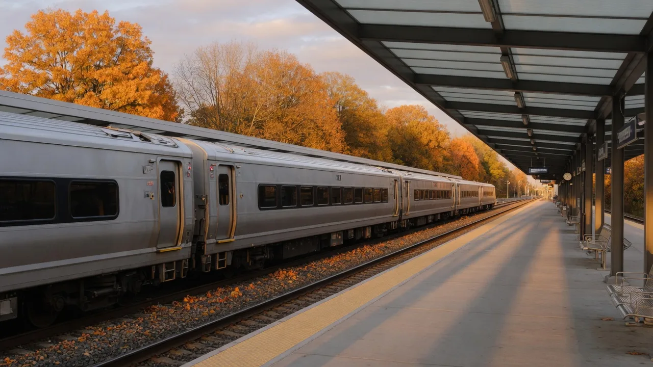 A silver commuter rail train waiting at a suburban Virginia VRE station platform with autumn trees along the tracks