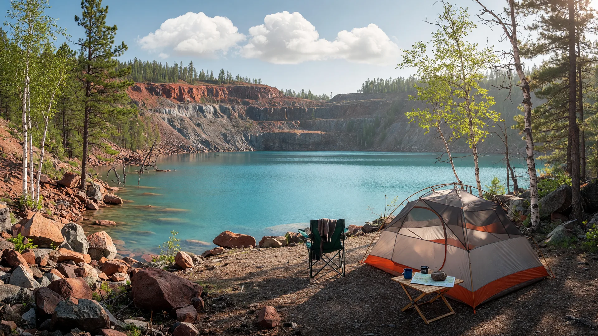 Tent campsite on the rocky shoreline of a turquoise former iron-mining pit lake in central Minnesota