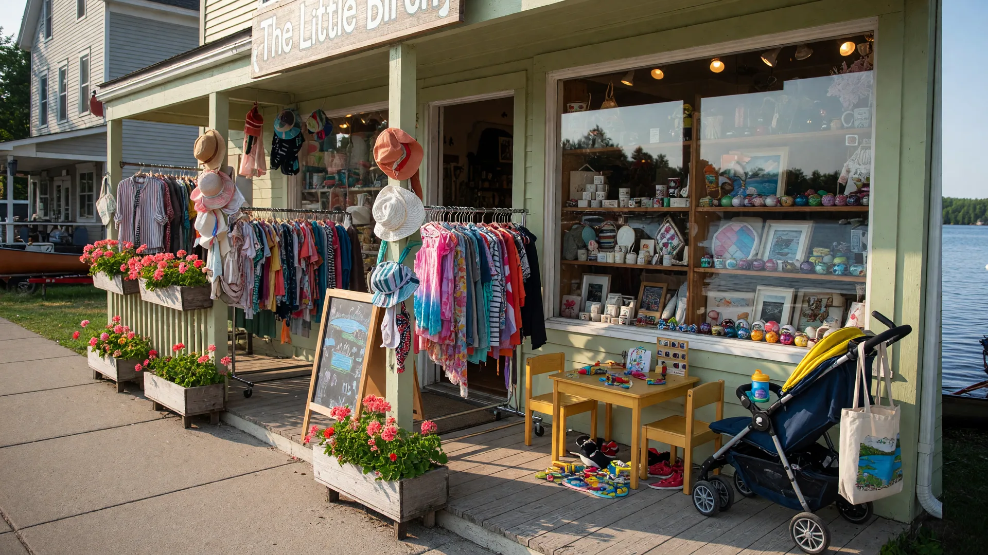 Family-run boutique in a lakeside Minnesota town with apparel, gifts, and home decor in the window
