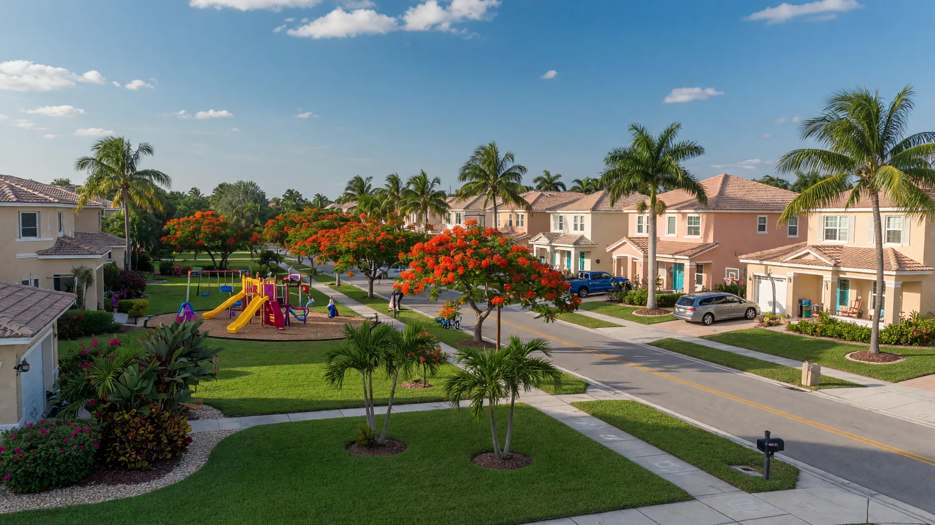 Family-friendly residential neighborhood in West Boynton Beach with modern homes and tropical landscaping