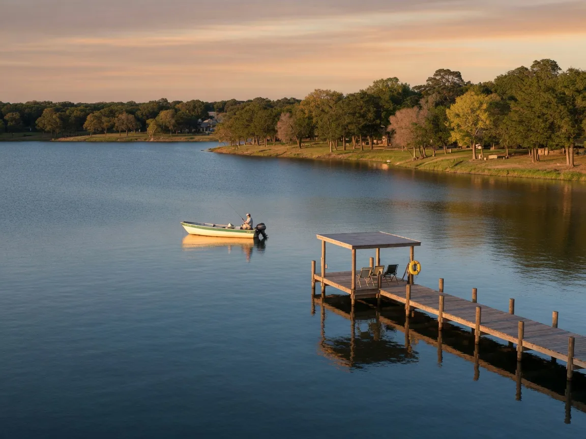 Lake Waco Texas showing calm blue water with a boat and tree-lined shoreline