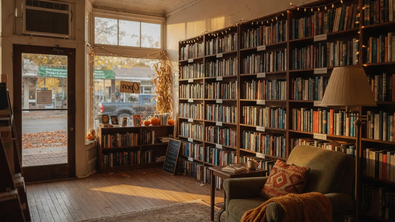 Interior of TBR Books, a new independent bookstore in Owasso's Redbud District, with warm string lights over wooden bookshelves and a cozy reading nook