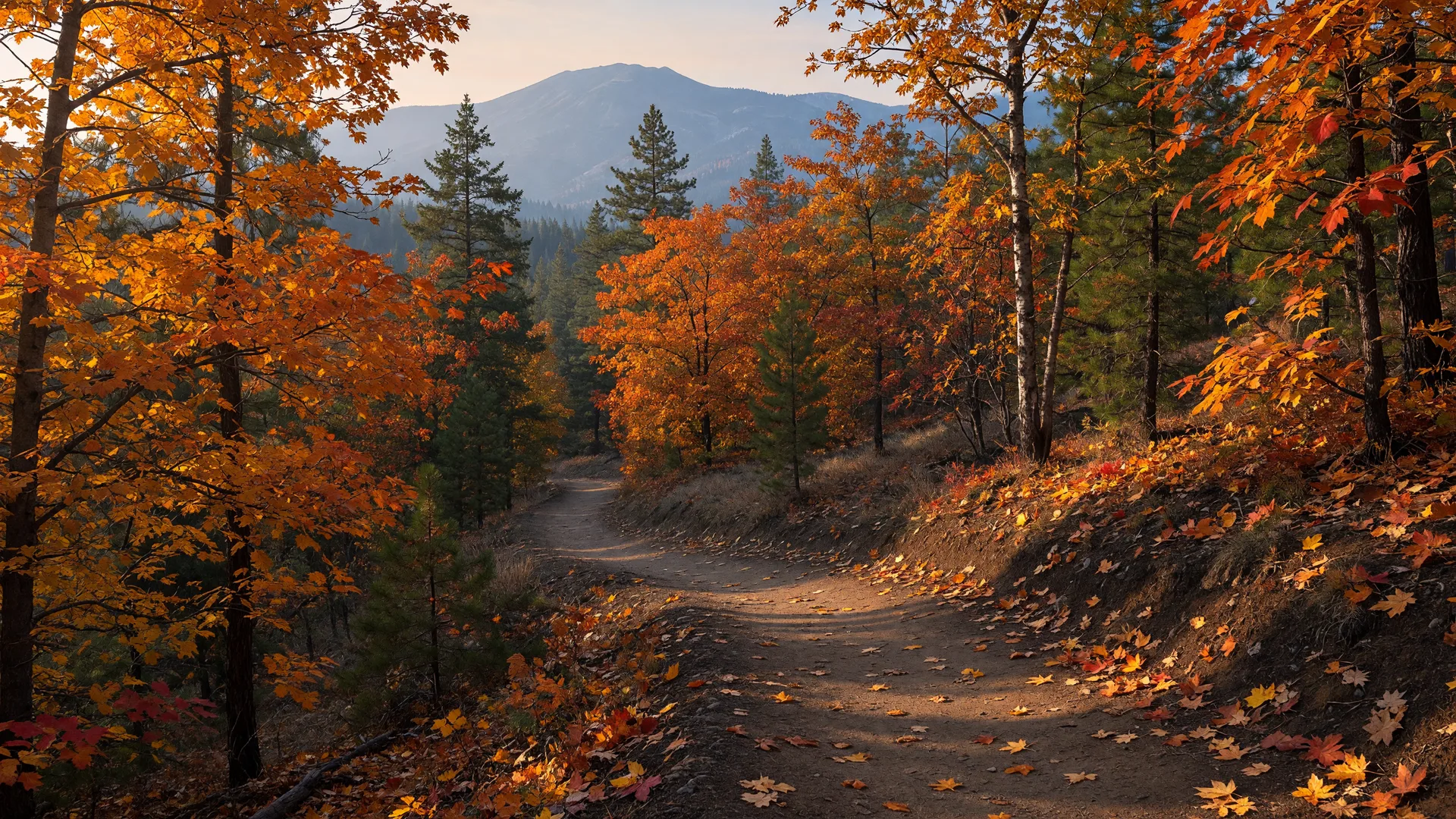 A golden autumn hiking trail through maples and oaks blazing with fall color in the Rogue Valley near Medford, Oregon