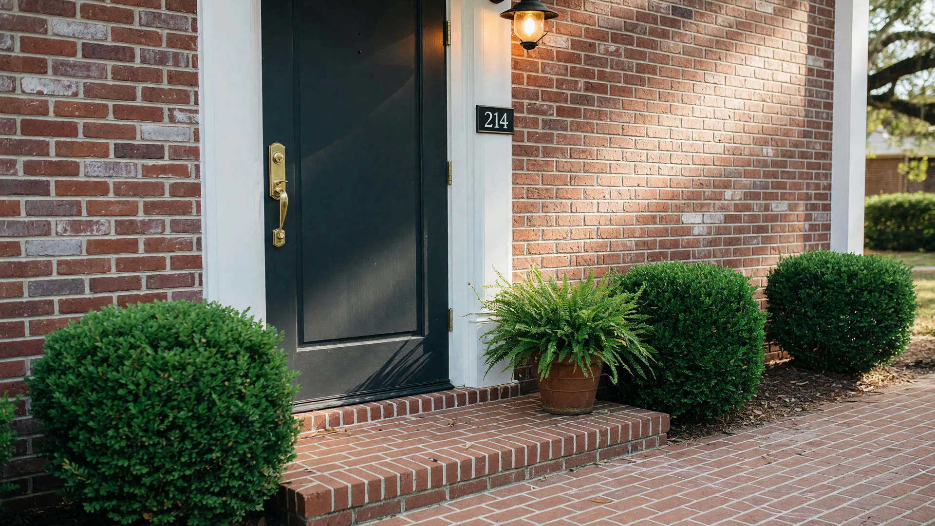 A freshly painted dark front door with brass hardware, boxwoods, and a potted fern on the stoop of a Lowcountry brick home