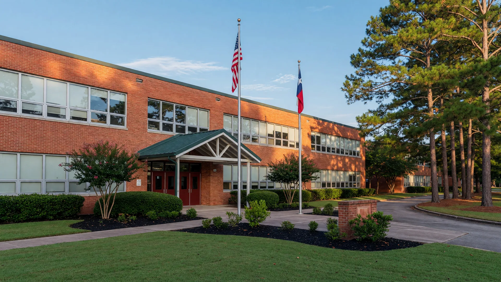 A public school campus in the Northeast Houston area with a brick building, American and Texas flags at the entrance, and tall pine trees on a bright morning
