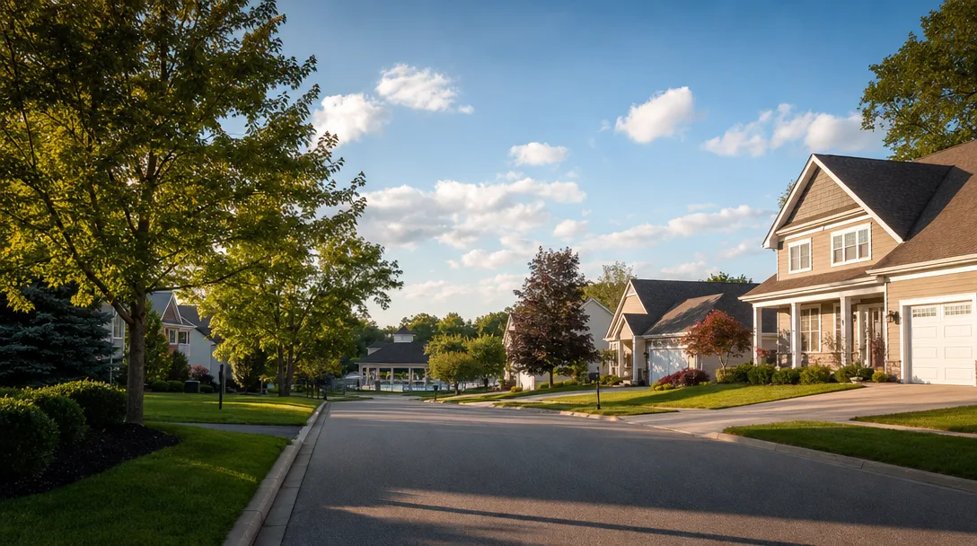 Peaceful Pinegate neighborhood streetscape with well-maintained homes, manicured lawns, and mature trees on a sunny summer afternoon in Mentor, Ohio
