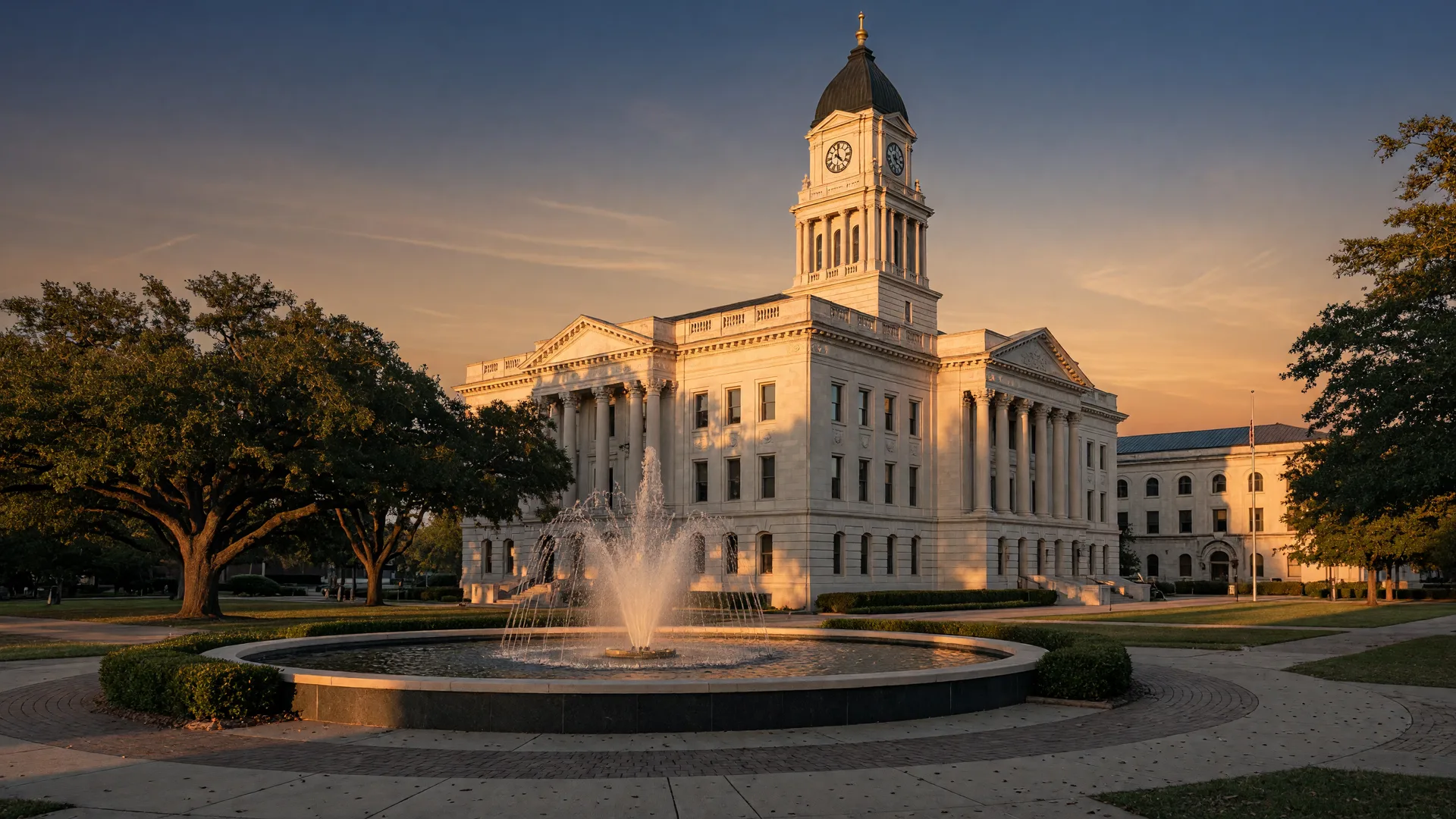 The Gwinnett County civic center at golden hour, a courthouse-style clock tower and fountain plaza framed by oaks