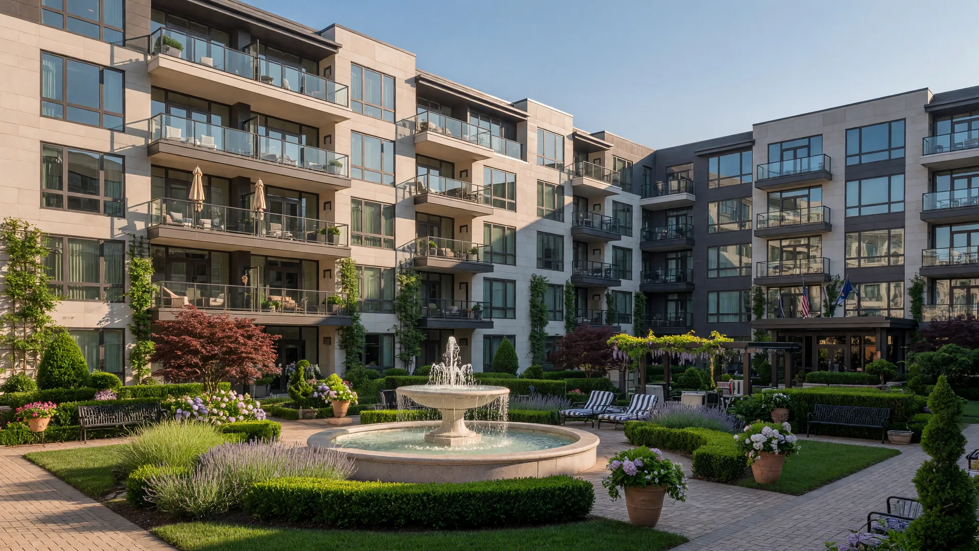 Upscale luxury condo building in King of Prussia with modern architecture
