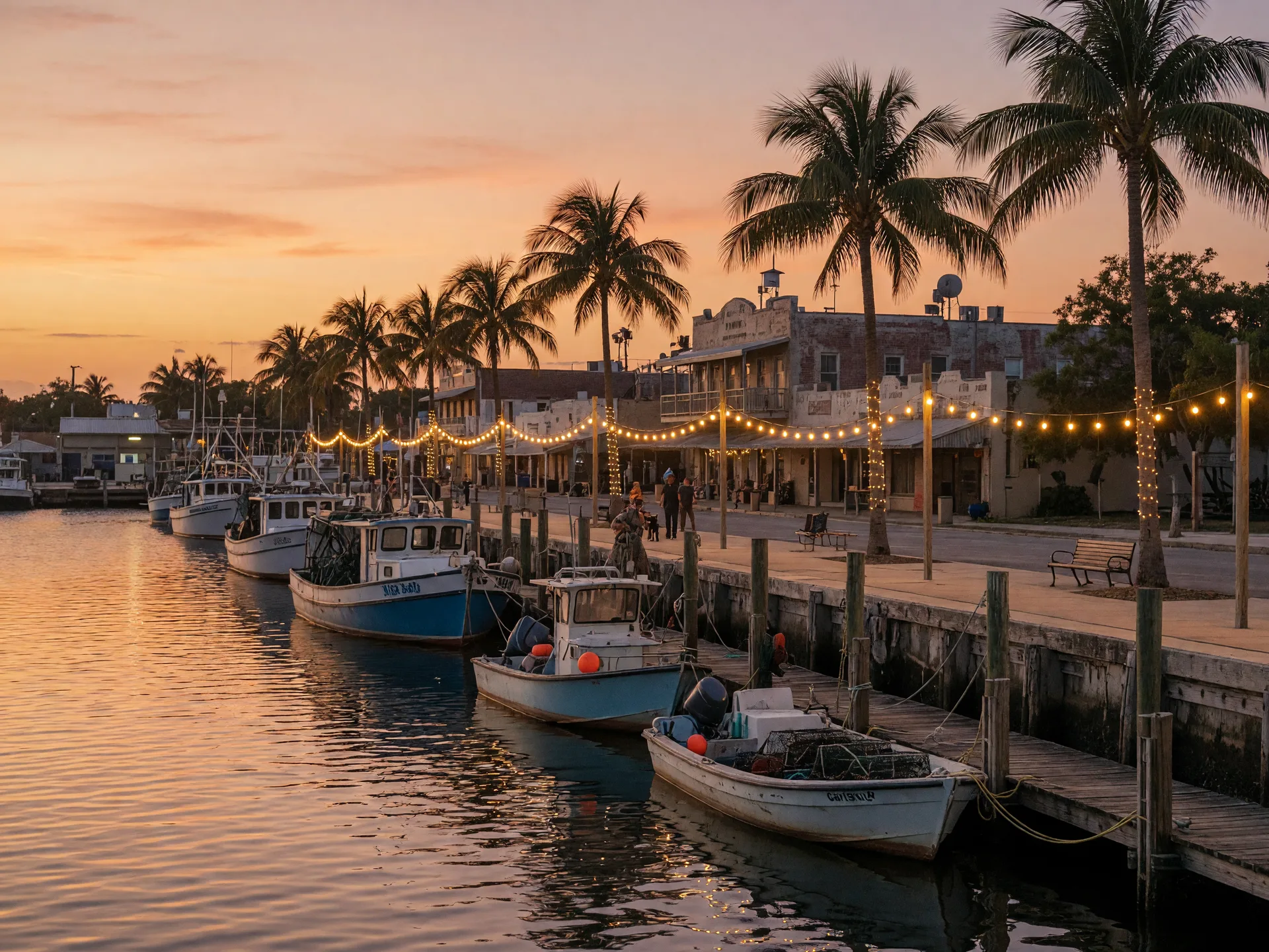 The historic Fort Pierce waterfront at sunset, with boats at the marina and string lights along the downtown