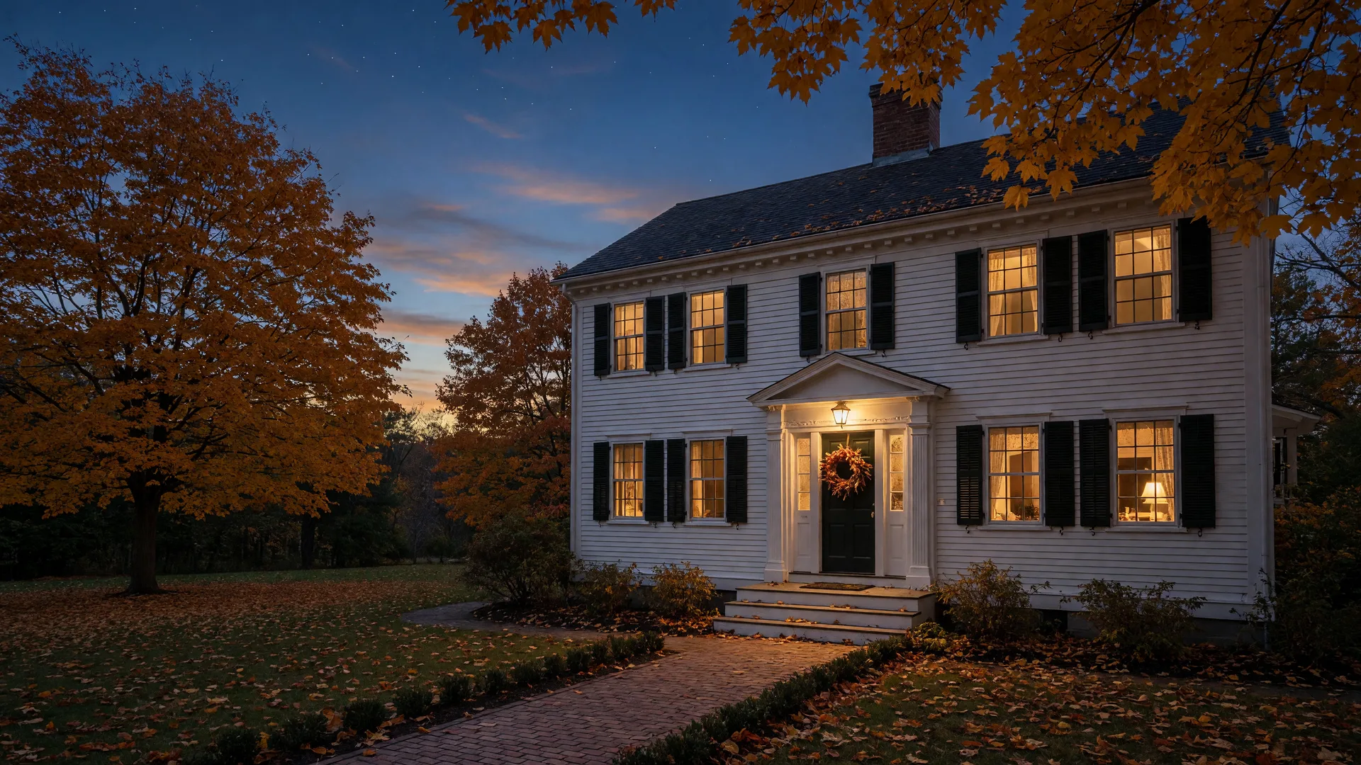 New England colonial home glowing with warm light at autumn dusk