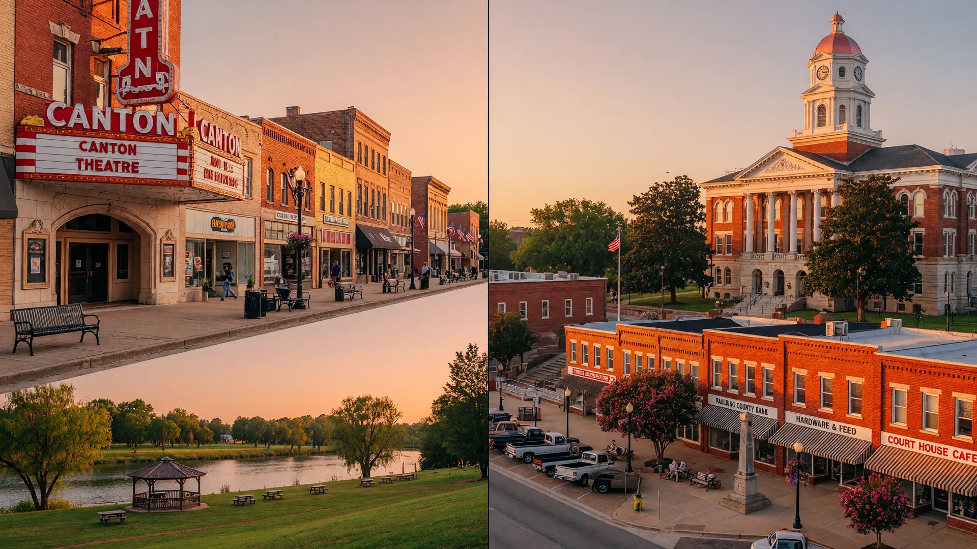 Split scene: Canton's historic downtown Main Street with the Canton Theatre on the left and Dallas's Paulding County courthouse square with red brick buildings on the right under warm afternoon light