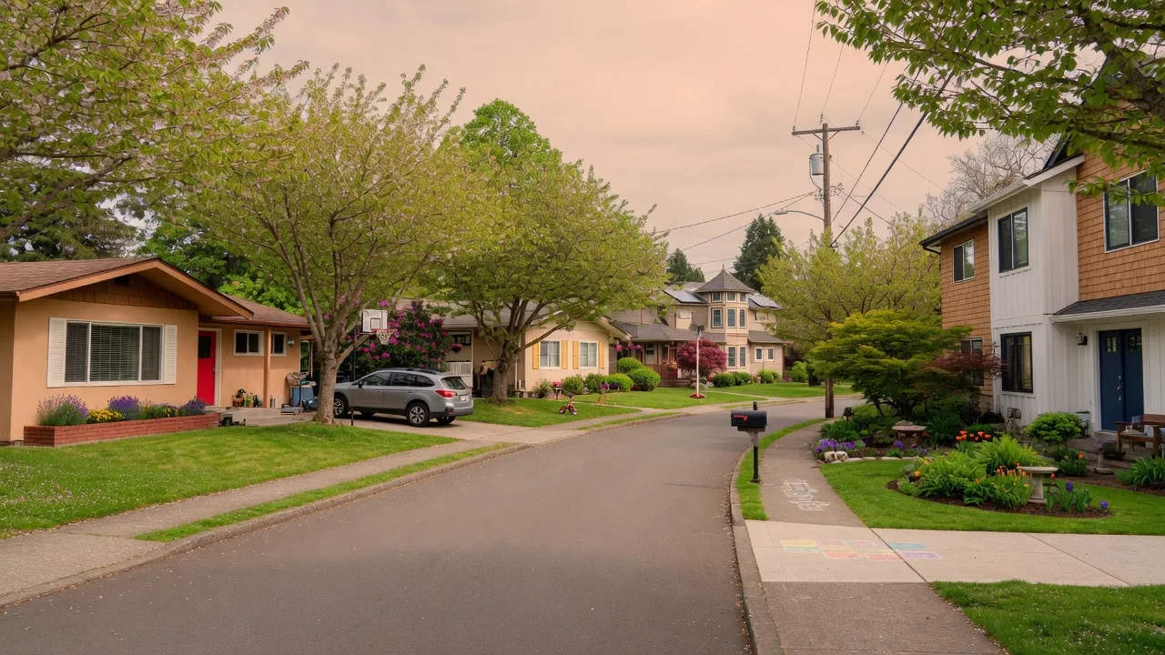 Tree-lined residential street in the Southview neighborhood of Tigard, Oregon with well-maintained homes and green lawns