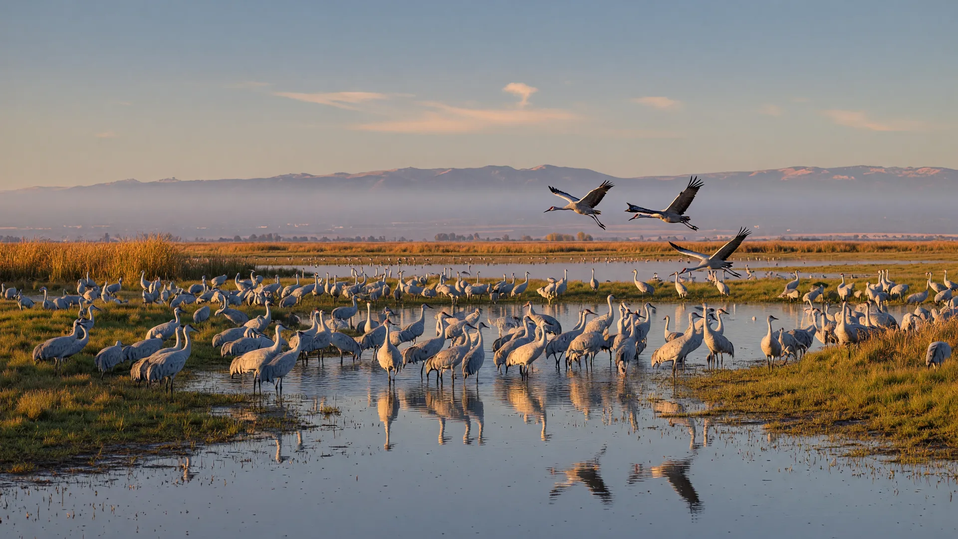 Lesser sandhill cranes standing in a shallow wetland at Merced National Wildlife Refuge at sunrise, golden light reflecting across still water, with a few cranes in flight against a hazy sky and distant Sierra Nevada foothills