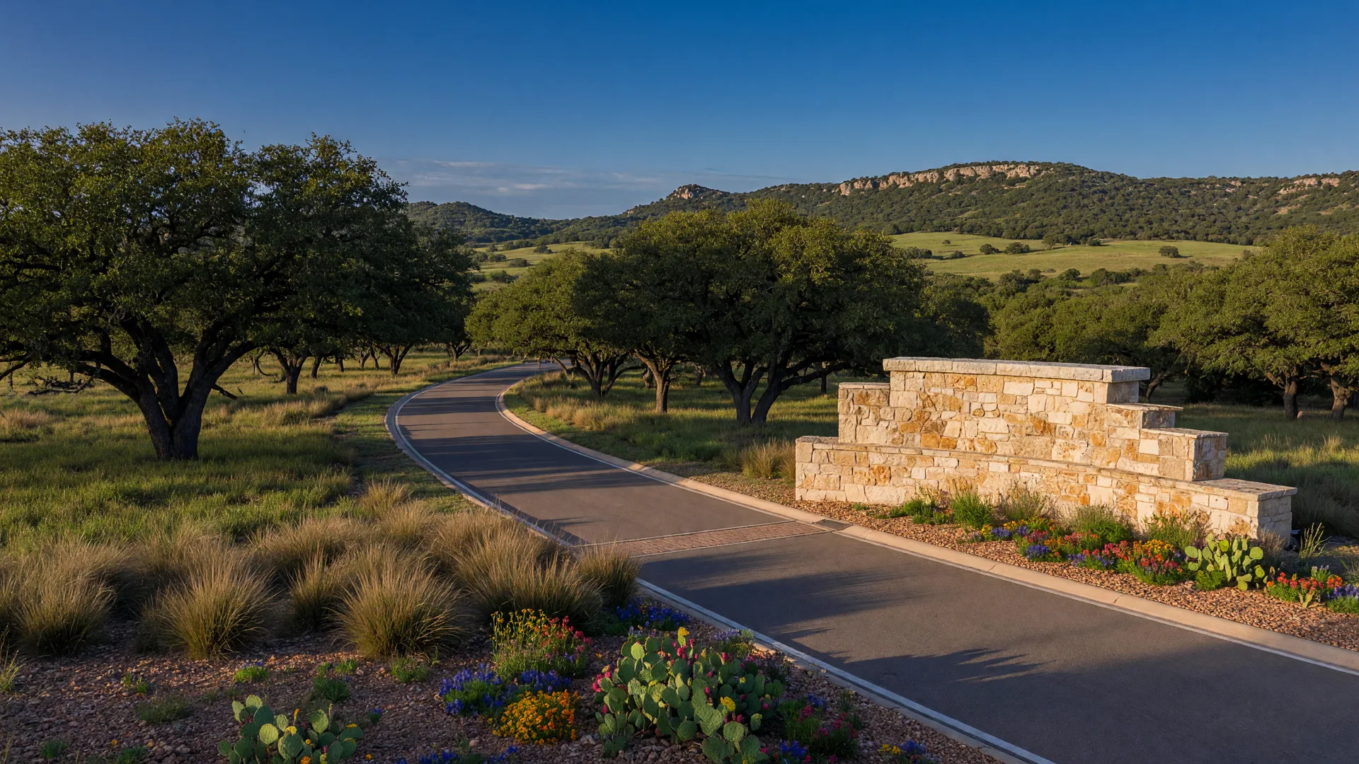 Belton, Texas community entrance with limestone monument and native Texas landscaping