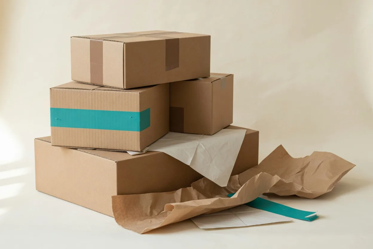 Medium and large moving boxes, styled as a premium editorial product photograph in warm light