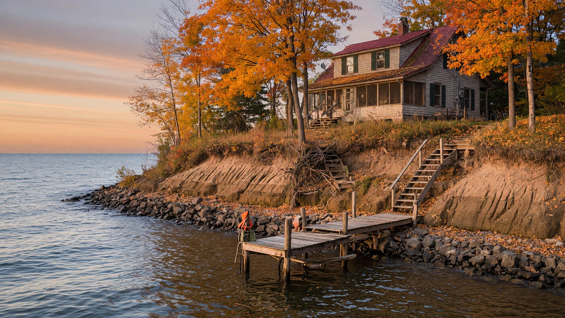 Minnesota lake home on a steep eroded autumn shoreline with a weathered wooden dock at golden hour, a buyer's careful evaluation moment