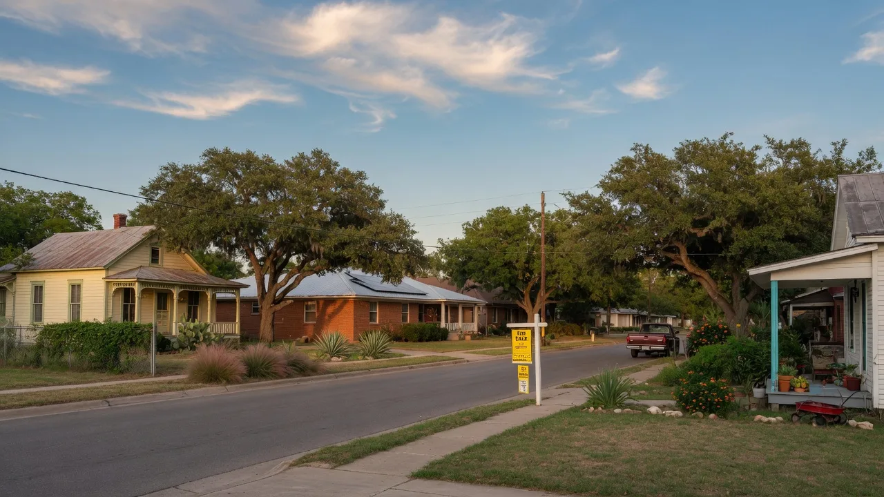 Quiet residential street in a small Texas town with a For Sale sign under a wide blue sky