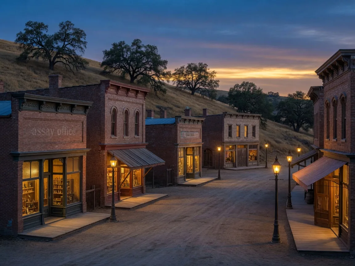 Jacksonville's preserved Victorian main street glowing warm at dusk, oak hills behind