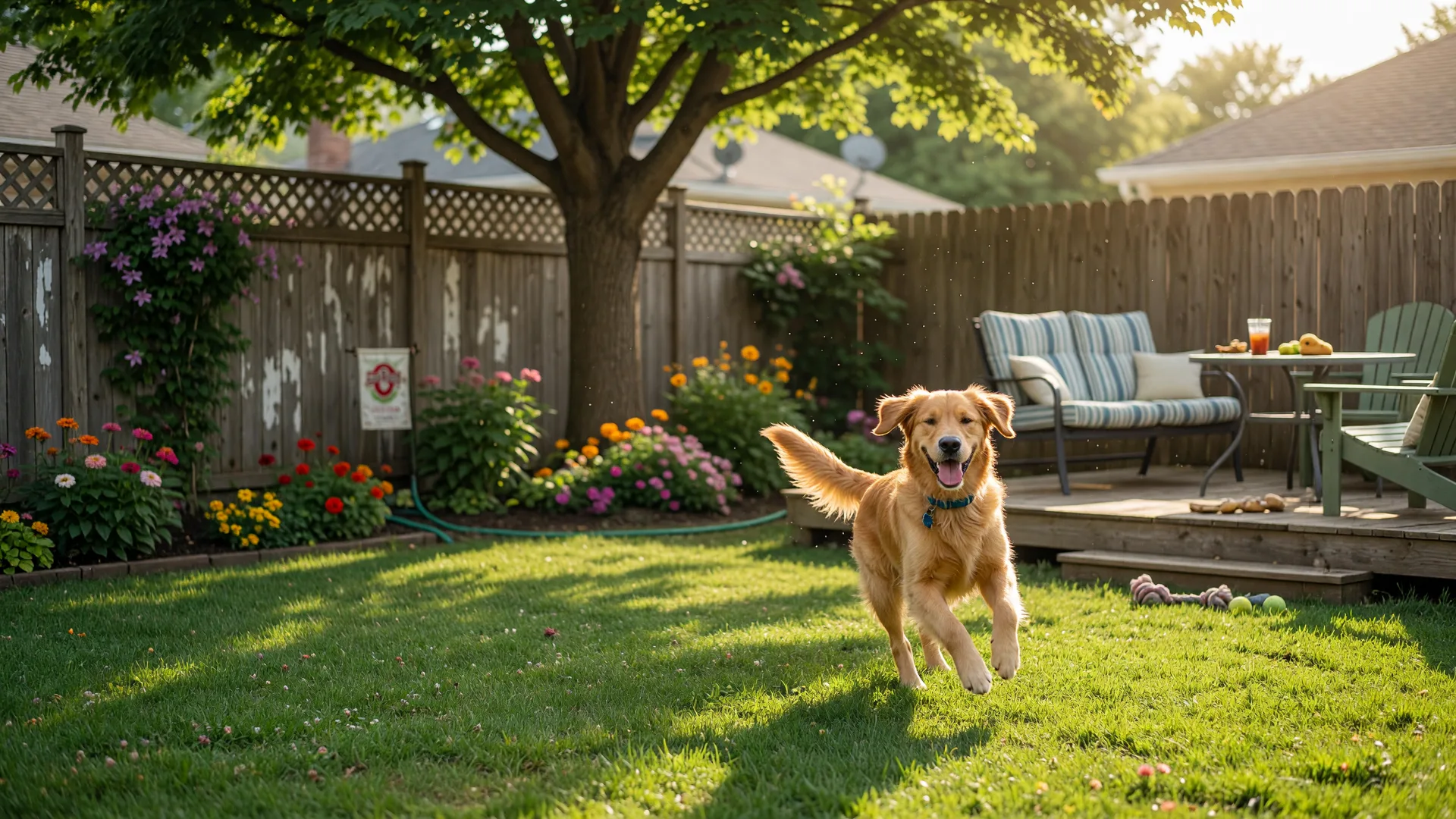 Golden retriever running in a sunny fenced backyard