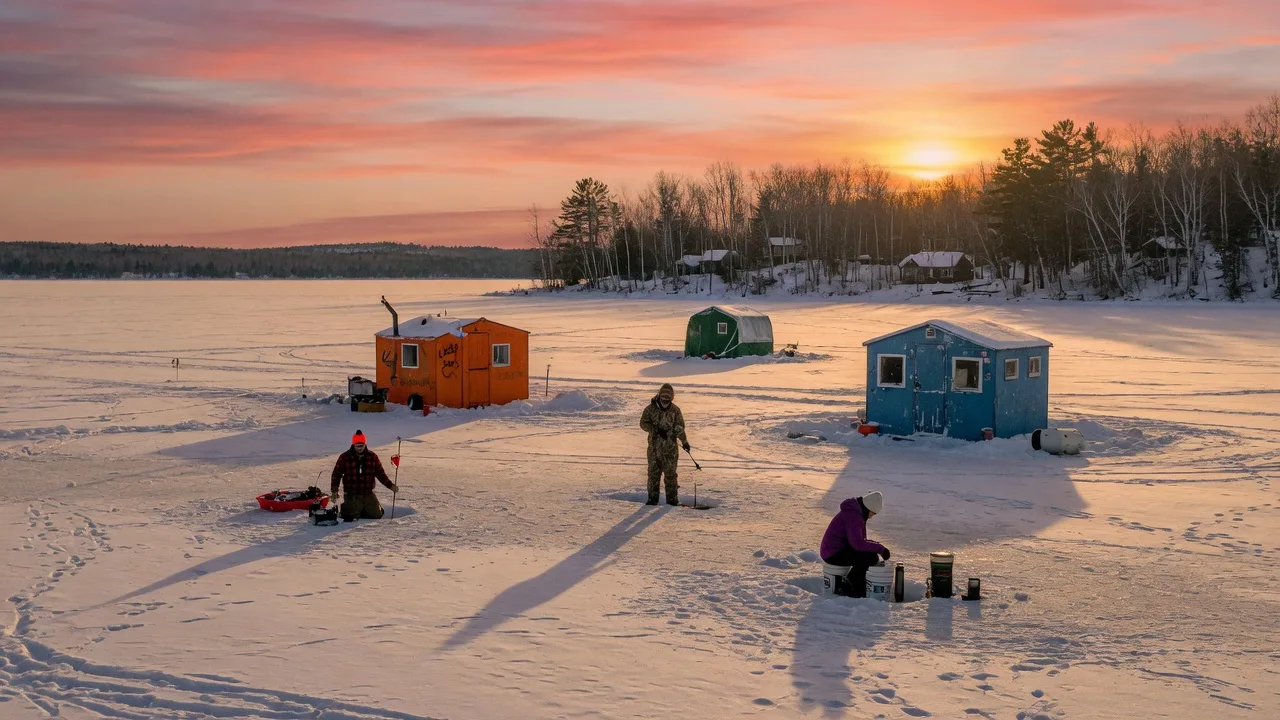 Ice fishing on a frozen Minnesota lake at golden hour with ice houses and a vibrant sunset sky