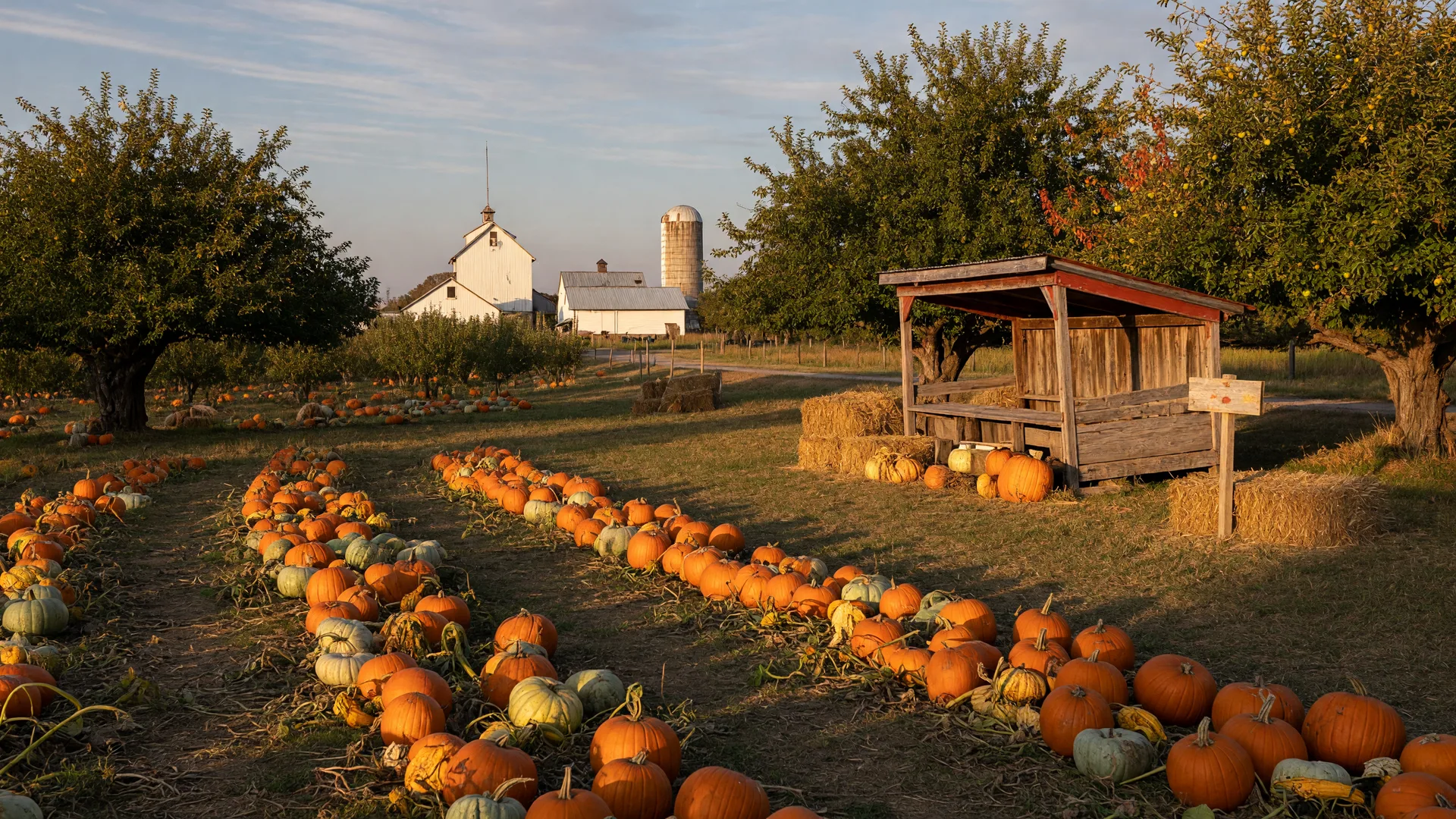 Pumpkin patch and apple orchard near Delaware County, Pennsylvania in golden early-fall light with hay bales and a wooden farm stand