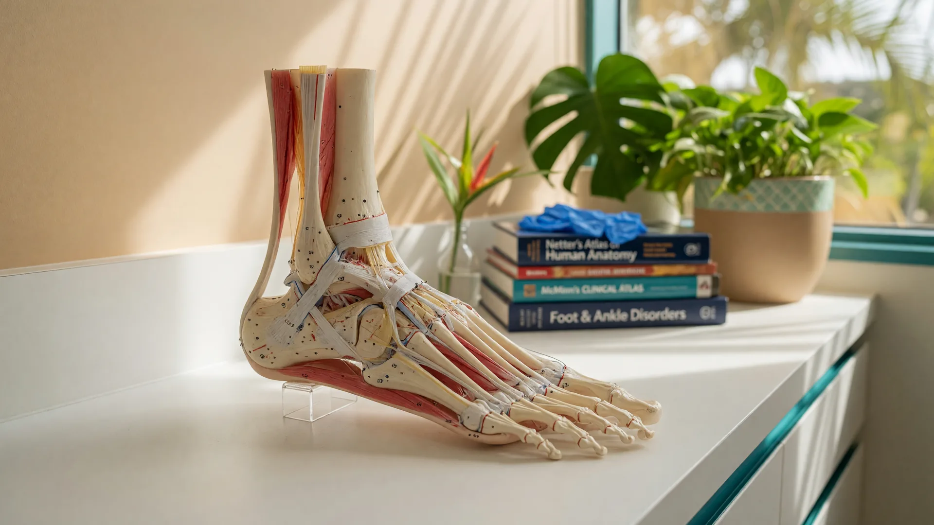 An anatomical model of a foot and ankle on a white examination counter in a bright Honolulu clinic consultation room