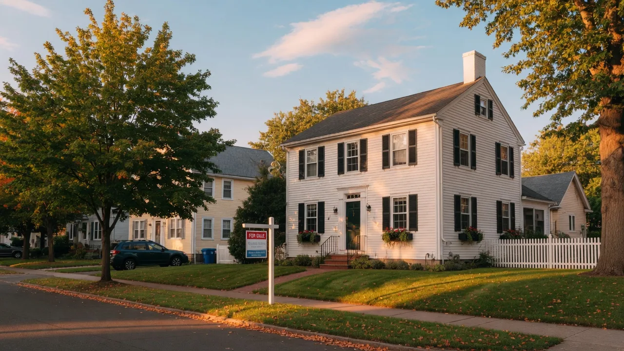 A classic New England colonial home in a quiet New Haven neighborhood on a bright late summer afternoon with a For Sale sign in the front yard