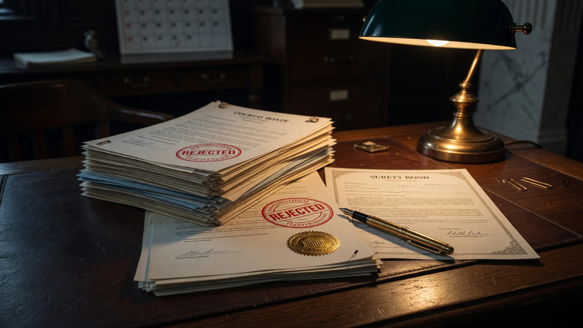 A wooden courthouse desk with probate paperwork, a rejected bond stamp, and official documents under warm lamplight