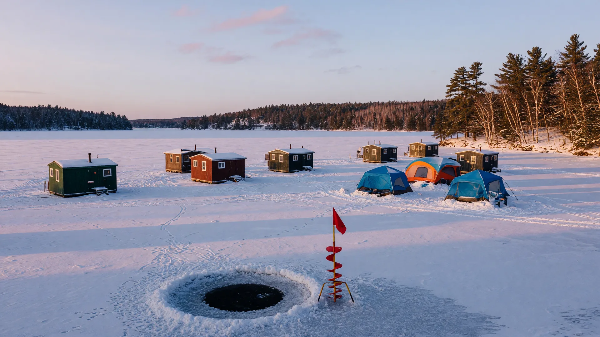 A small village of ice fishing houses scattered across the snow-covered ice of a northern Minnesota lake at winter sunrise, with a tip-up flag at an auger hole in the foreground and a snow-dusted pine shoreline beyond
