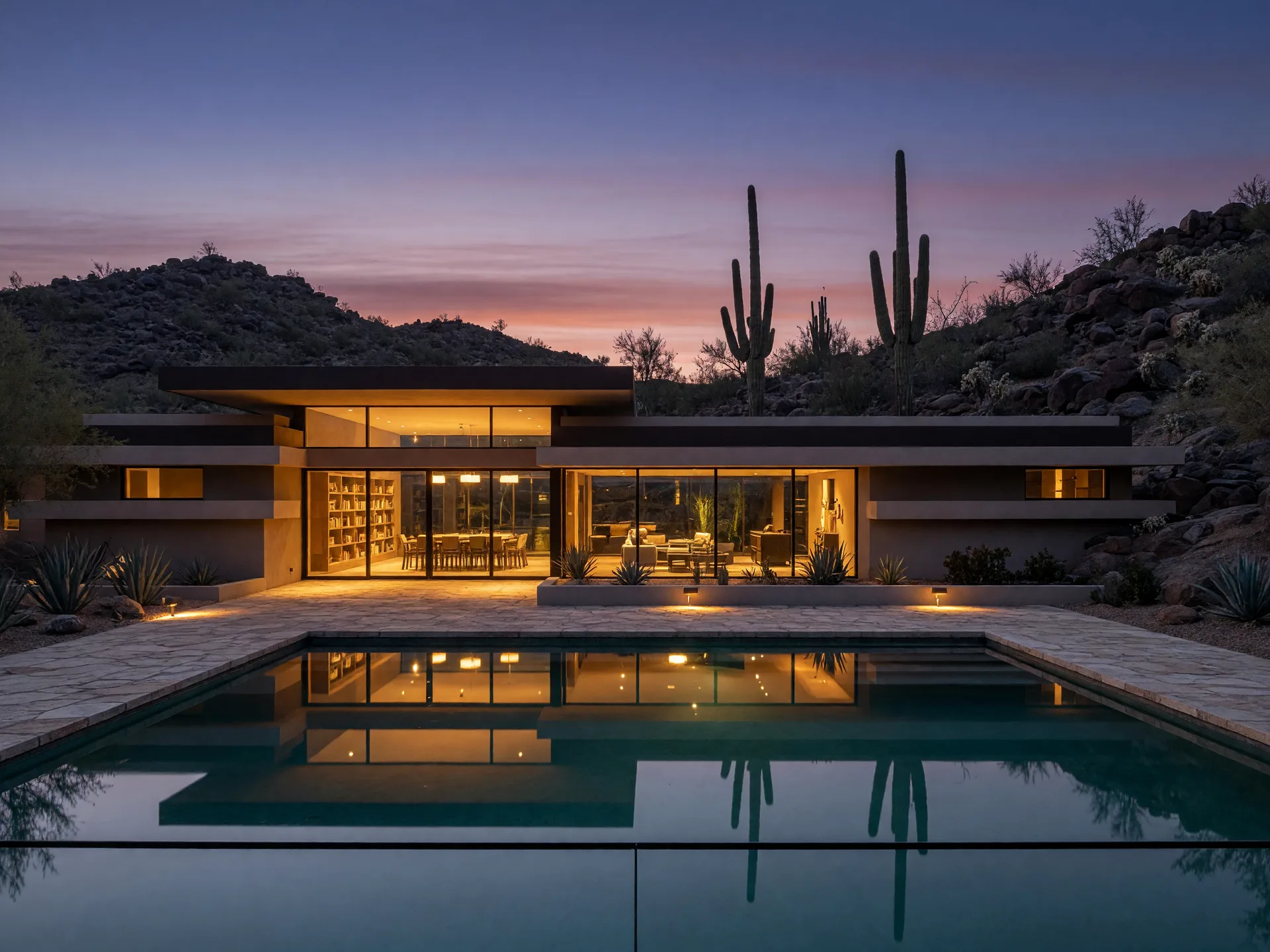 A modern desert home glowing at dusk