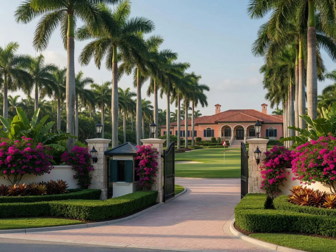Guard-gated entrance with royal palms leading to the clubhouse at Glen Eagle Golf & Country Club, Naples, Florida