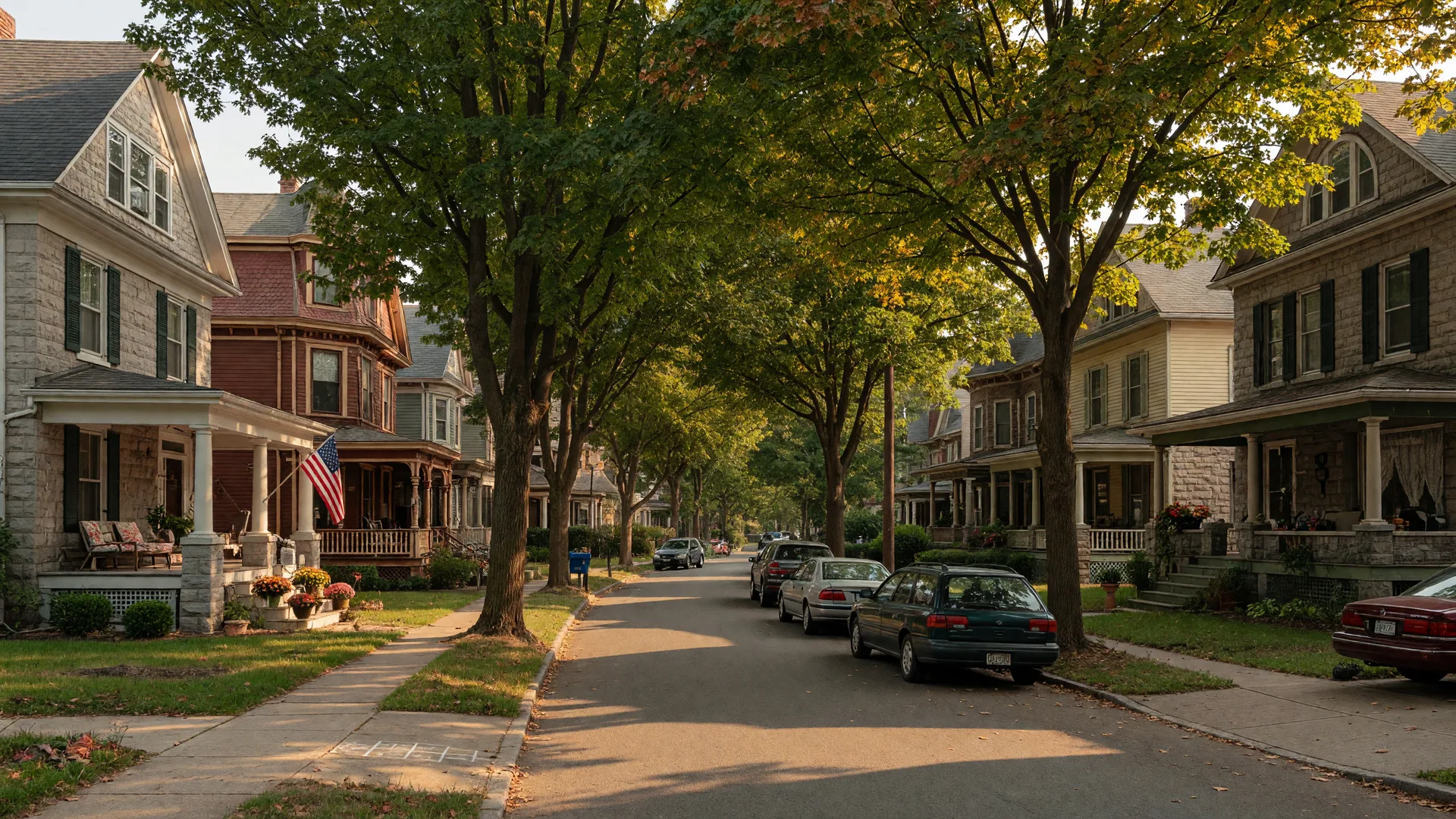 Quiet tree-lined residential street in Prospect Park, Pennsylvania with historic Victorian and Dutch Colonial homes on a sunny afternoon