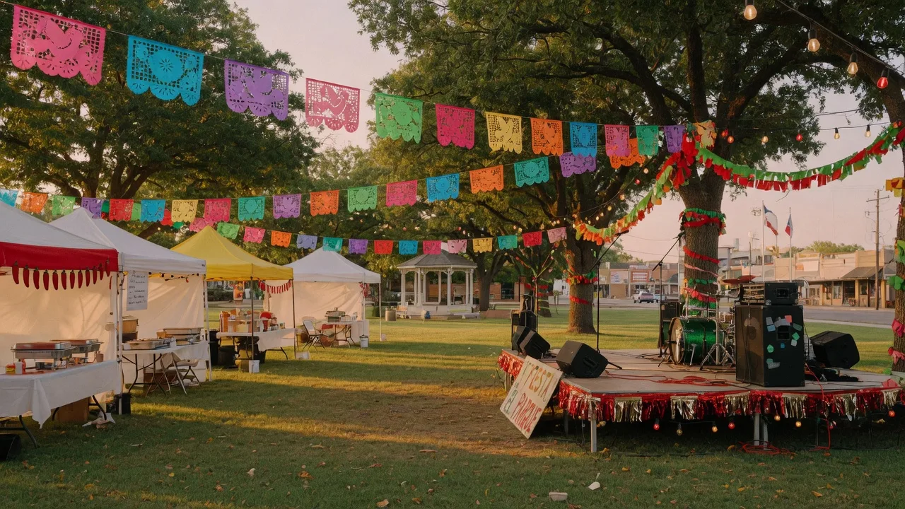 A festive outdoor park festival with colorful papel picado banners, food vendor tents, a decorated stage, string lights,and golden late-afternoon sunlight over a green town lawn