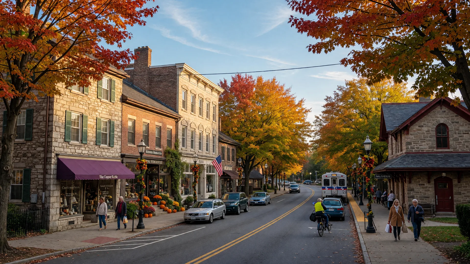 Historic Malvern borough with stone buildings and colorful fall foliage on Lancaster Avenue