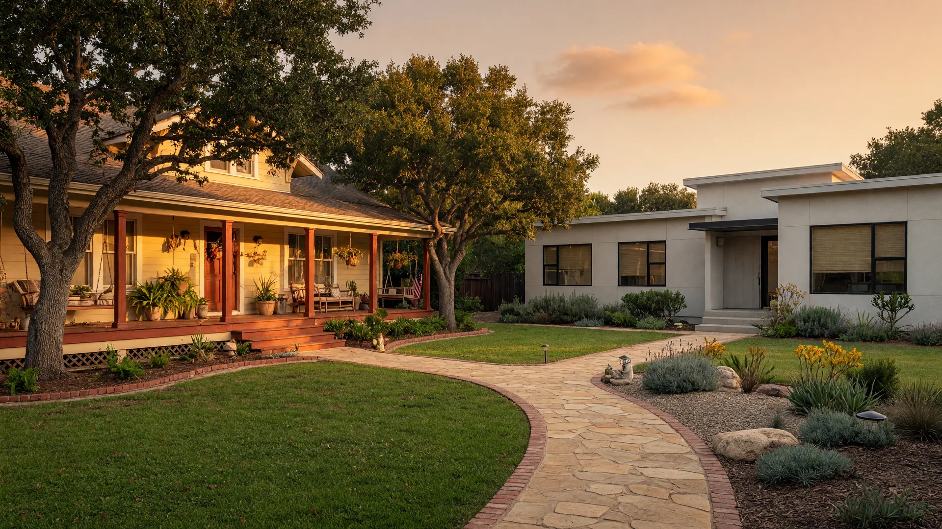 Two single-story Northern California homes at golden hour connected by a stone walkway, symbolizing the transition between homes