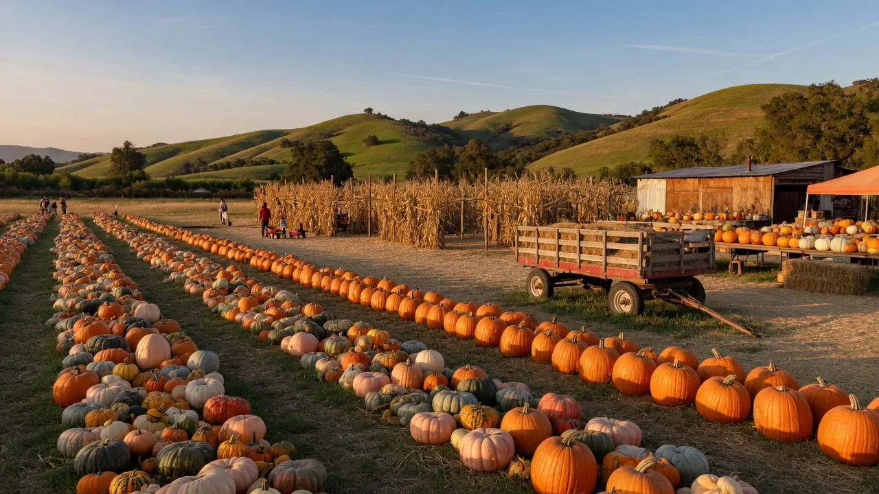 Rows of pumpkins in a Santa Clarita Valley pumpkin patch on a sunny October afternoon with a hay wagon and rolling hills