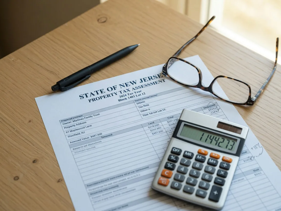 New Jersey property tax document with calculator and reading glasses on a desk