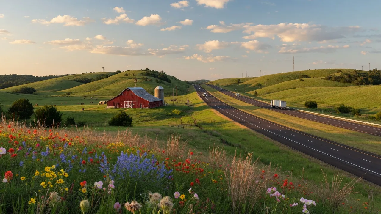 Rolling hills and the US-75 corridor in Grayson County, Texas at golden hour