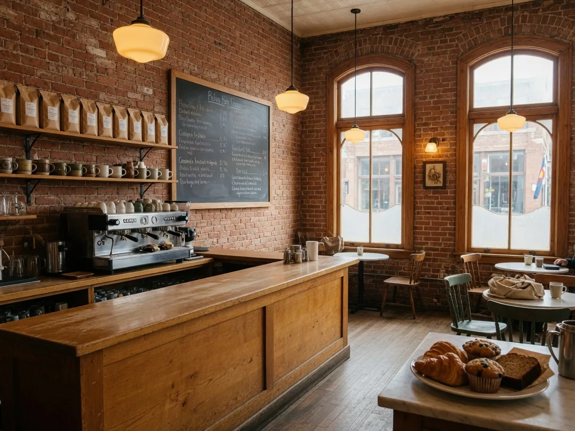 The historic cafe interior at East Simpson Coffee Company in Old Lafayette, Colorado