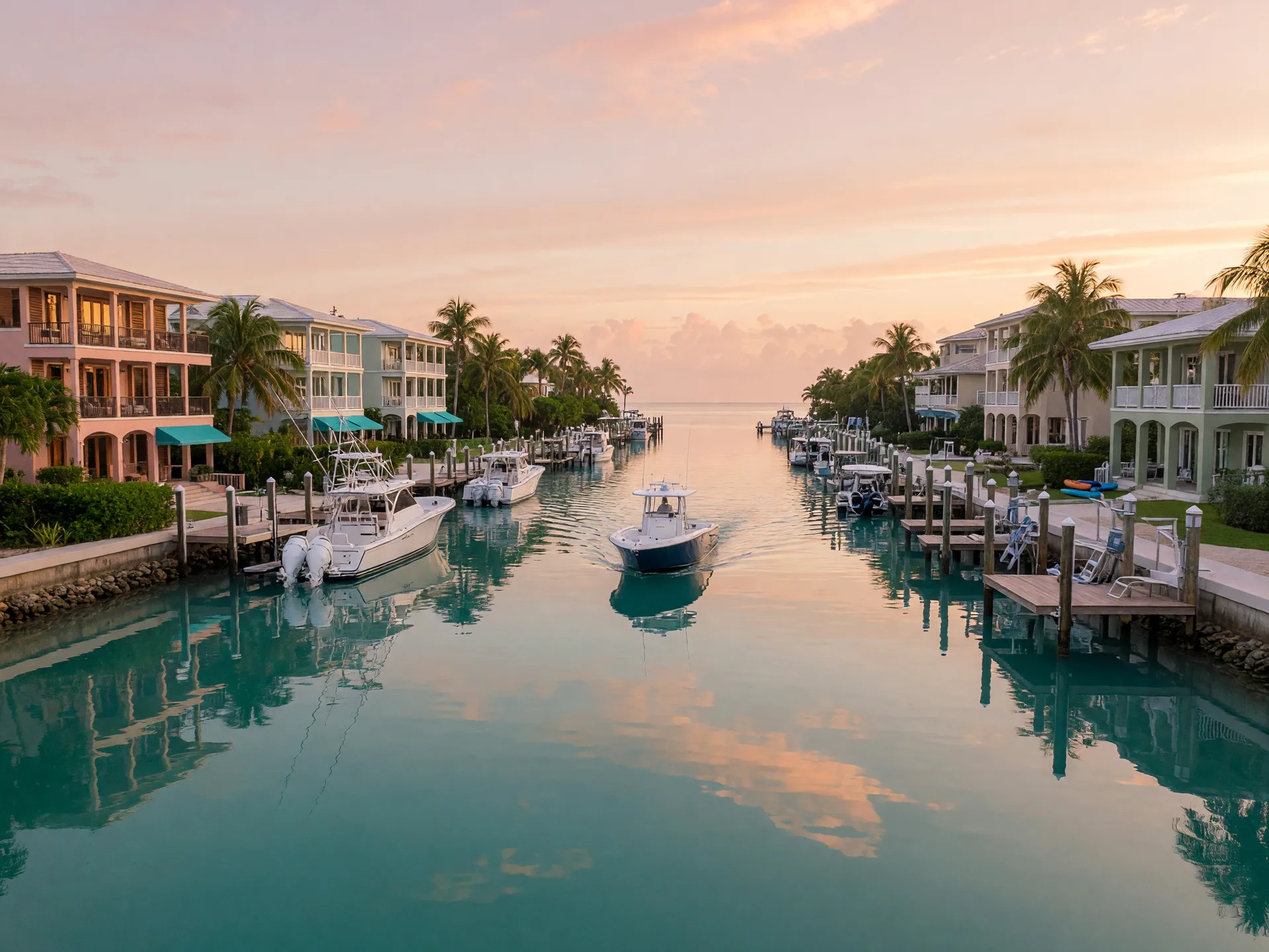 A deep-water canal in the Florida Keys at sunrise, luxury elevated waterfront estates with private docks and boat lifts lining both banks, glassy turquoise water mirroring soft pink and gold sky, a lone sportfishing boat heading out the channel