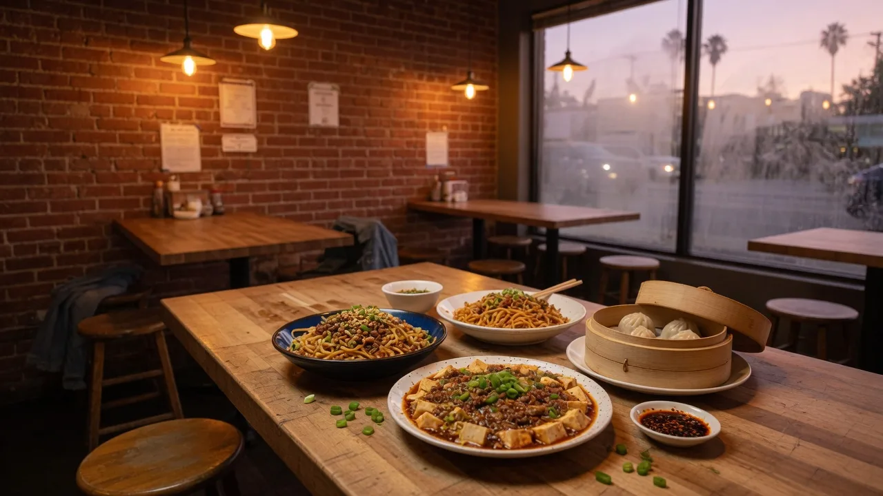 A warm dinner table of Chinese homestyle dishes in a modern Pasadena restaurant at dusk, with pendant lights and an exposed brick wall