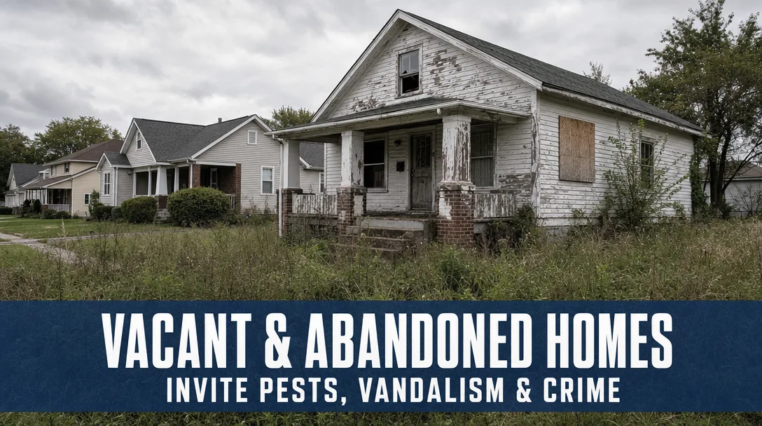 A vacant, overgrown home with boarded-up windows, a property that can invite pests and worry for nearby buyers