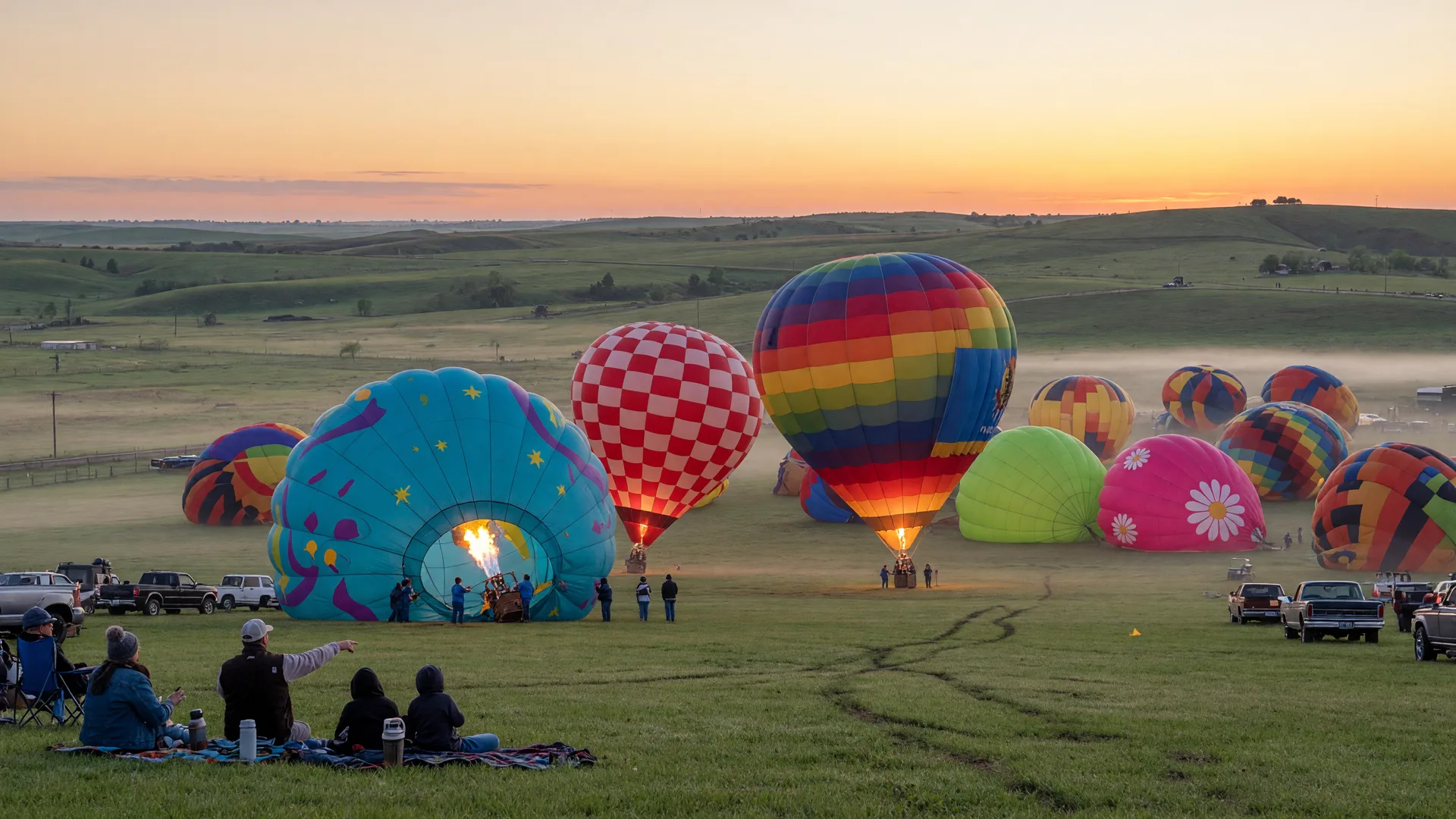 Rt. 66 Balloon Festival near Kellyville with colorful hot air balloons rising at sunrise over Oklahoma countryside