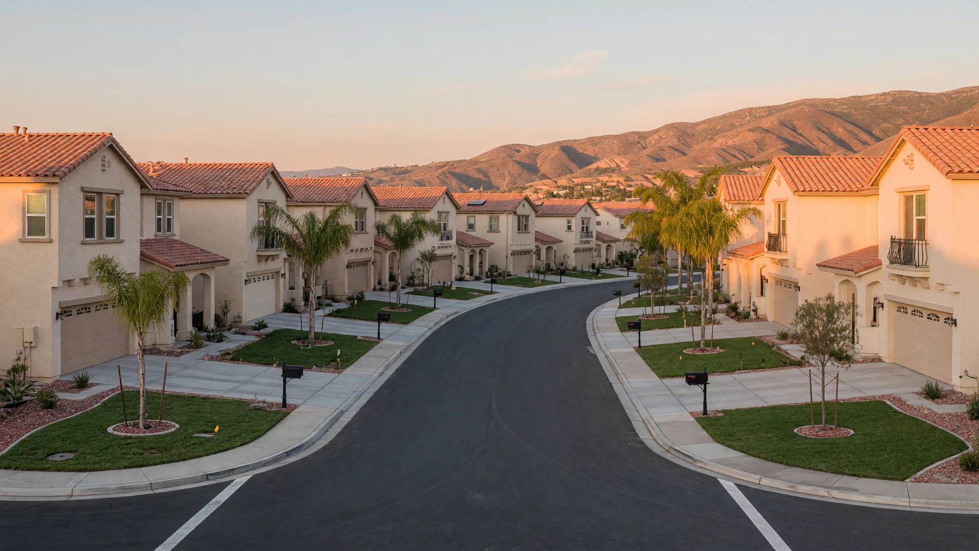 Newly built two-story stucco homes with tile roofs along a fresh street at the Banner Park development in Menifee