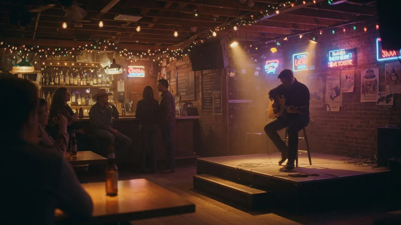 An intimate Texas pub music room at night with a small stage under warm amber lights, neon bar signs, brick walls, a distant seated musician silhouette, and soft audience silhouettes