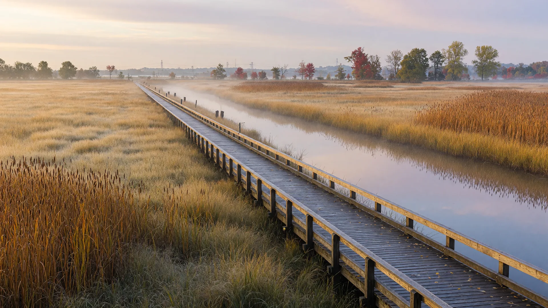 Wooden boardwalk crossing the golden marsh grasses of the John Heinz National Wildlife Refuge at Tinicum near Glenolden, Pennsylvania on a misty September morning